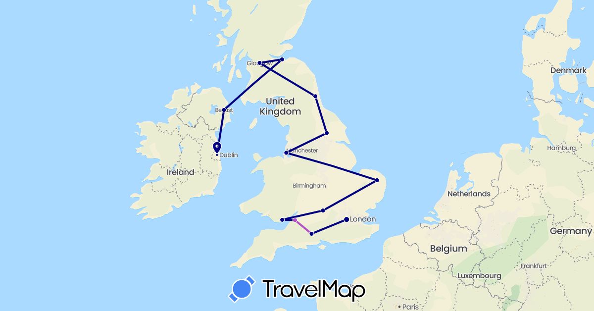 TravelMap itinerary: driving, train in United Kingdom, Ireland (Europe)